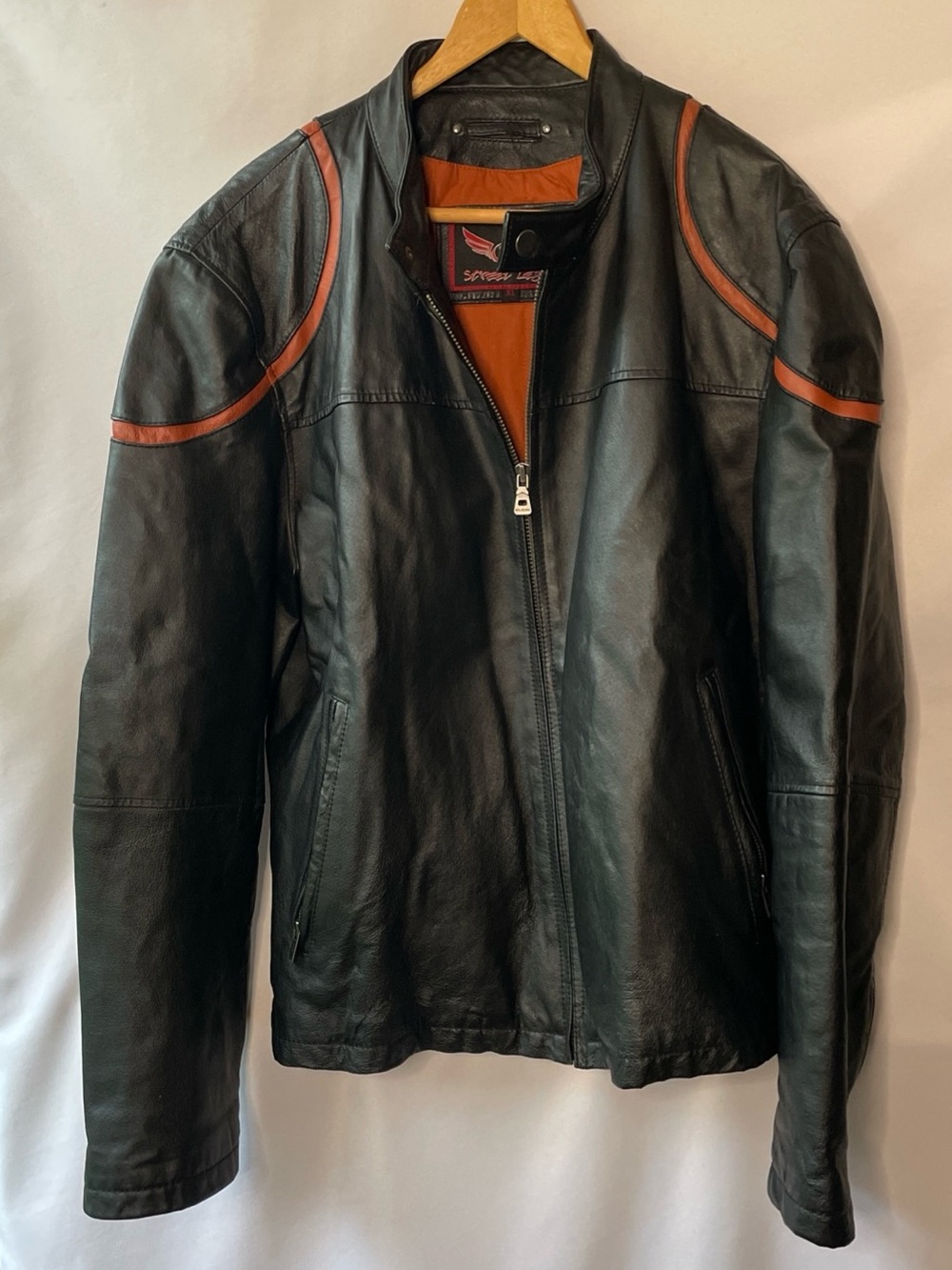 Street Legal Men's Black Leather Jacket with Orange Trim - Sz XL